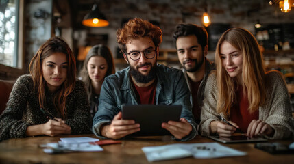 Fototapeta premium diverse team brainstorming digital marketing ideas in a coffee shop