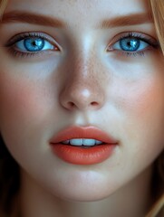 Fototapeta premium Stunning Girl Portrait Blue Eyes Coral Lips Makeup
