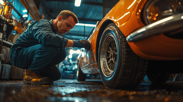 Young mechanic in blue uniform inspecting car tire in auto repair shop for maintenance and safety enhancement