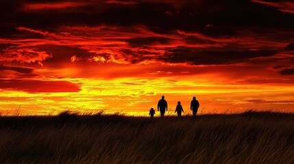 Fototapeta premium Family silhouetted against fiery sunset, coastal dunes. Use Family, nature, sunset stock photo