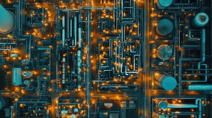 A bird's-eye view of an expansive oil refinery at dusk, showing massive storage tanks, pipelines, and smokestacks emitting soft industrial lighting.