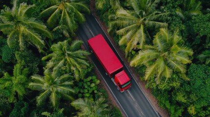 Bright Red Truck Driving Through Lush Green Tropical Forest on a Sunny Day