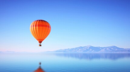 Fototapeta premium Orange Hot Air Balloon Over Calm Water and Mountains