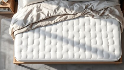 Top view of a neatly made bed with a tufted mattress