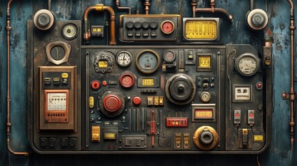 A close-up of a factory control panel with numerous switches, buttons, and dials, surrounded by an industrial metal frame with scratches.