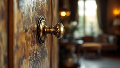 Obraz premium Antique Brass Door Knob on Wooden Door