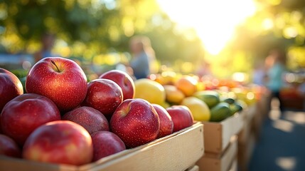 Fresh apples displayed at vibrant market during sunset