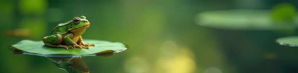 Lonely frog sits on a lily pad in a still pond , color, wetland, yellow