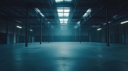 A dark, moody industrial factory setting with soft ambient lighting and exposed metalwork.