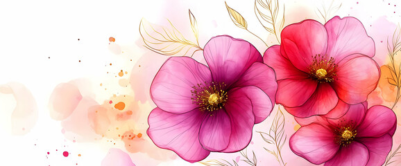 Fototapeta premium Watercolor Pink and Red Flowers with Gold Accents on a Soft Background