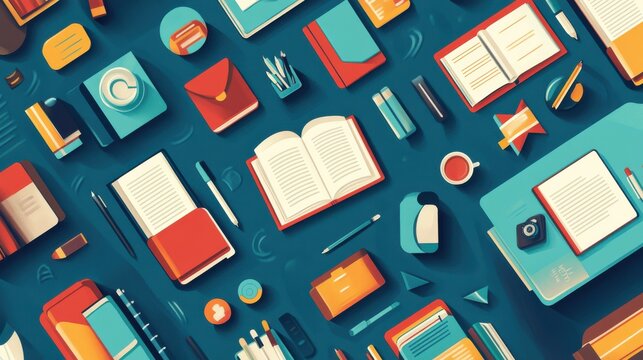 Colorful Flat Lay of Stationery and Office Supplies on a Desk