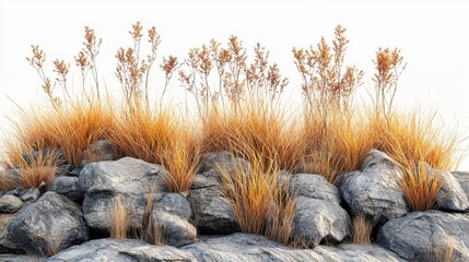 Wild dry grass and rocks with earthy tones. Generative AI