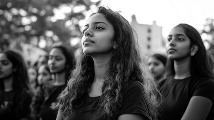 Young Women Pensively Looking Upward in Black And White