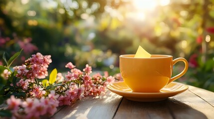 Fototapeta premium A cup of tea sits on a wooden table with a yellow saucer