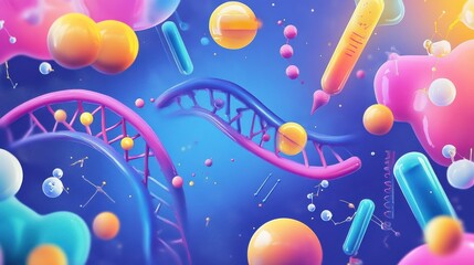 Obraz premium Vibrant Abstract Representation of DNA, Molecules, and Cells