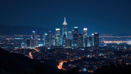 Obraz premium Night view, LA's illuminated skyscrapers against dark sky , urban, nighttime, skyscrapers