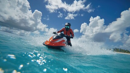 Exciting Water Adventure with Jet Ski Under Bright Blue Sky and White Puff Clouds
