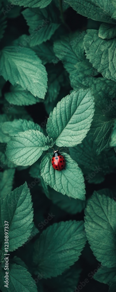 Wall mural Ladybug on Leaf, Lush Greenery Background, Nature Closeup, Wallpaper