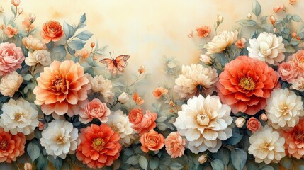 Vintage watercolor floral arrangement with butterflies. Generative AI