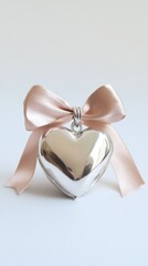 A shiny heart-shaped ornament with a pink bow on a plain white background