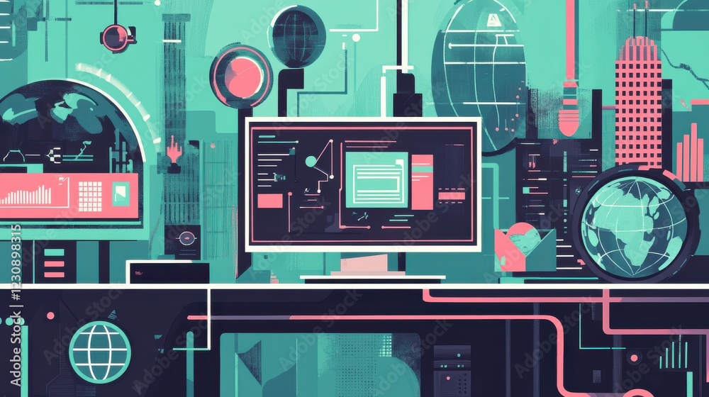 Poster modern digital workspace with tech elements and graphics design