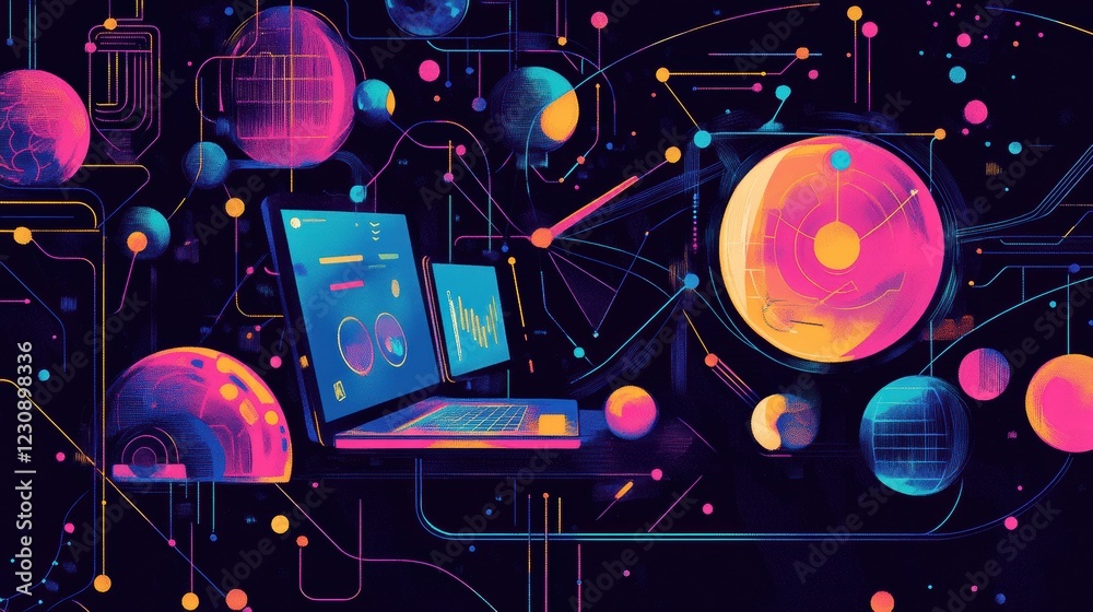 Poster vibrant digital workspace with abstract cosmic elements and data visualization