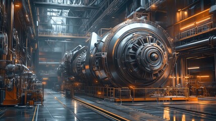 Fototapeta premium A power plant interior with massive turbines, metallic pipes, and steel walkways, evoking an energy production facility.