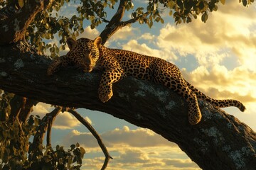 Leopard resting in African tree at sunset, wildlife documentary