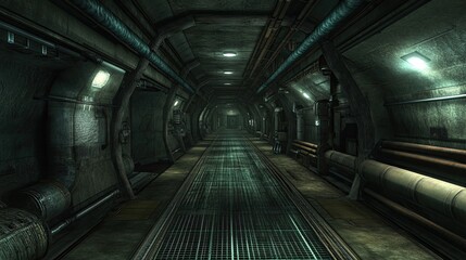 Obraz premium A symmetrical industrial hallway with steel beams, pipes running along the walls, and dim artificial lighting leading into the distance.