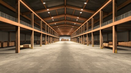 A symmetrical industrial warehouse interior with conveyor belts, mechanical arms, and structured steel beams.