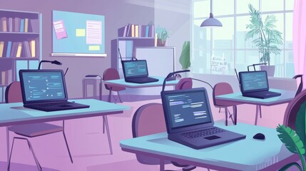 Fototapeta premium Modern Classroom with Laptops and Bright Colors in Learning Space