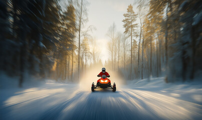 Snowmobile Speeding Through a Winter Forest, Capturing the Thrill of the Ride