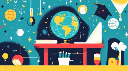 Naklejka premium Colorful Classroom Setting with Globe and Study Materials for Education