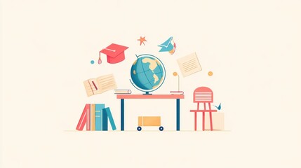 Colorful Classroom Scene with Globe, Books, and Graduation Cap