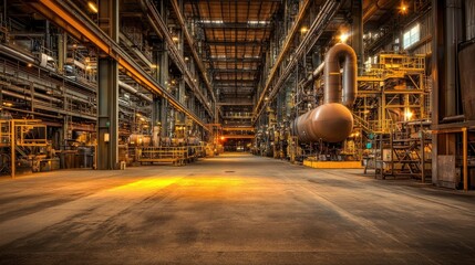 A vast, dimly lit factory interior with metallic structures, pipes, and beams. The industrial setting exudes a raw, mechanical atmosphere with a cold, neutral color palette.