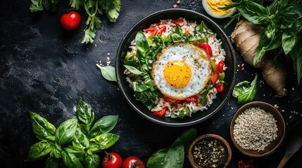 An appetizing shot of Thai basil fried rice with egg, served in a traditional Thai bowl, surrounded by fresh herbs and colorful vegetables, celebrating the flavors of Thai cuisine.