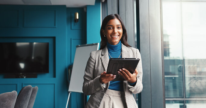 Portrait, smile and tablet with business Indian woman in boardroom of corporate office for planning. Agenda, preparation and research with happy employee in workplace for start of internship