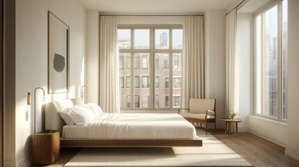An elegant bedroom with a low-profile bed, crisp white linens, and minimal decor, featuring a large window that lets in soft, natural light.