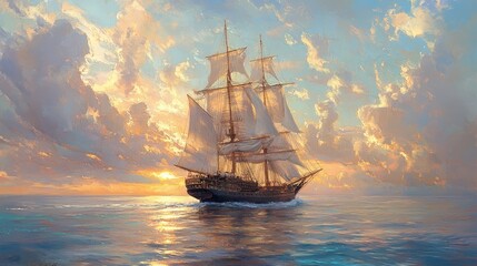 Obraz premium An elegant image of a large sailing ship with billowing sails navigating through calm waters, with the sun casting a golden light on the ship and the sea.