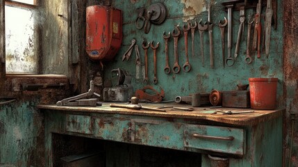 A weathered workbench with old rusted tools, including pliers, wrenches, and screws, creating a rugged industrial feel.