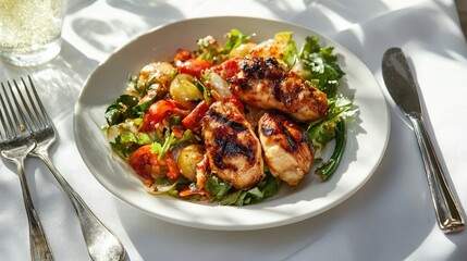 An elegant shot of a serving of som tam and grilled chicken on a white tablecloth, with the vibrant colors of the salad and the crispy chicken creating a visually appealing dish.