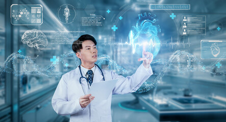 Doctor looking at medical data hologram and lab coat pointing at medical data while managing augmented reality technology and standing at laboratory with blurring background. Healthcare. Ingenuity.