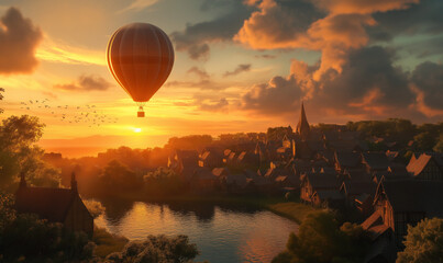 Balloon Gliding Over a Peaceful Village at Sunset, Offering a Tranquil Aerial View