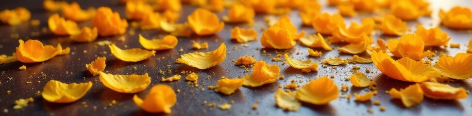 Yellow and orange marigold petals scattered on a table top, natural, decorative