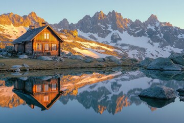 Fototapeta premium Idyllic alpine cabin reflecting in a pristine mountain lake