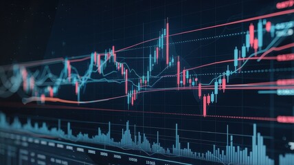 An analytical view of stock market trends displayed on a high-tech screen, featuring vibrant red and green candlestick patterns.