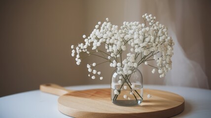A delicate arrangement of white baby’s breath flowers in a clear glass vase, set on a wooden cutting board, creating a calming and serene atmosphere.
