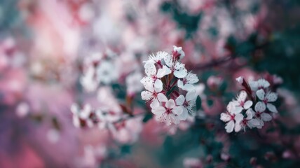 Delicate white cherry blossoms in full bloom, showcasing soft petals against a blurred pastel background.