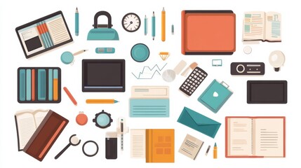 Fototapeta premium Colorful Arrangement of Office Supplies on White Background