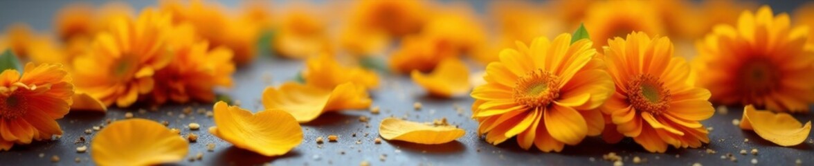 Yellow and orange marigold petals scattered on a table top, natural, orange flowers, table decor
